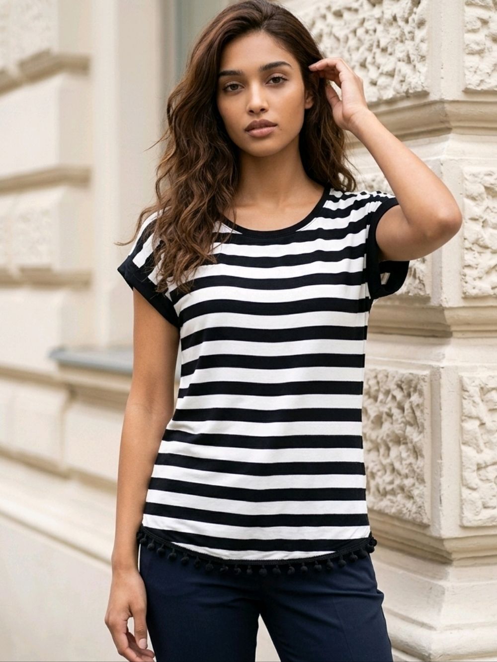 Black White Stripe Top Large Cable & Gauge Pom Detail Soft Luxe Chic Dolman Tee